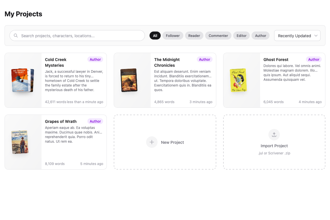 Juliet's projects dashboard